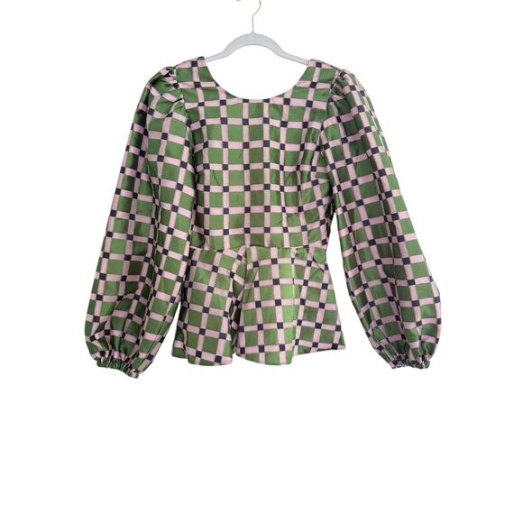 Stine Goya Gara Metallic Check Balloon Sleeve Peplum Top Green Women's Small - Picture 3 of 10